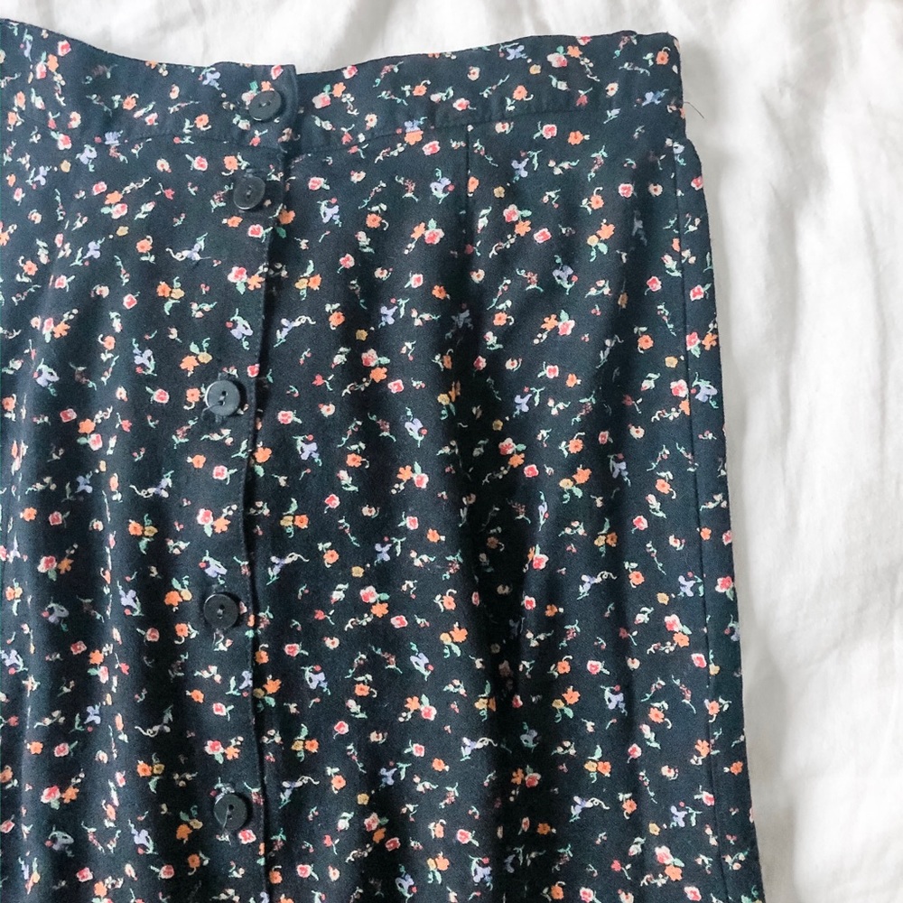 Vintage Black Ditsy Floral Midi Skirt with Buttons